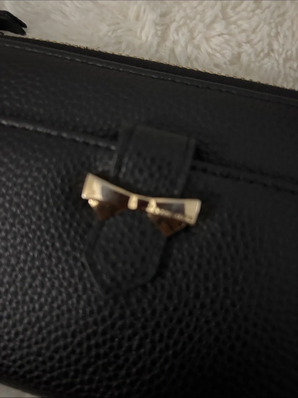 Anne Klein Black Pebbled Leather Zip Wallet with Gold Accent